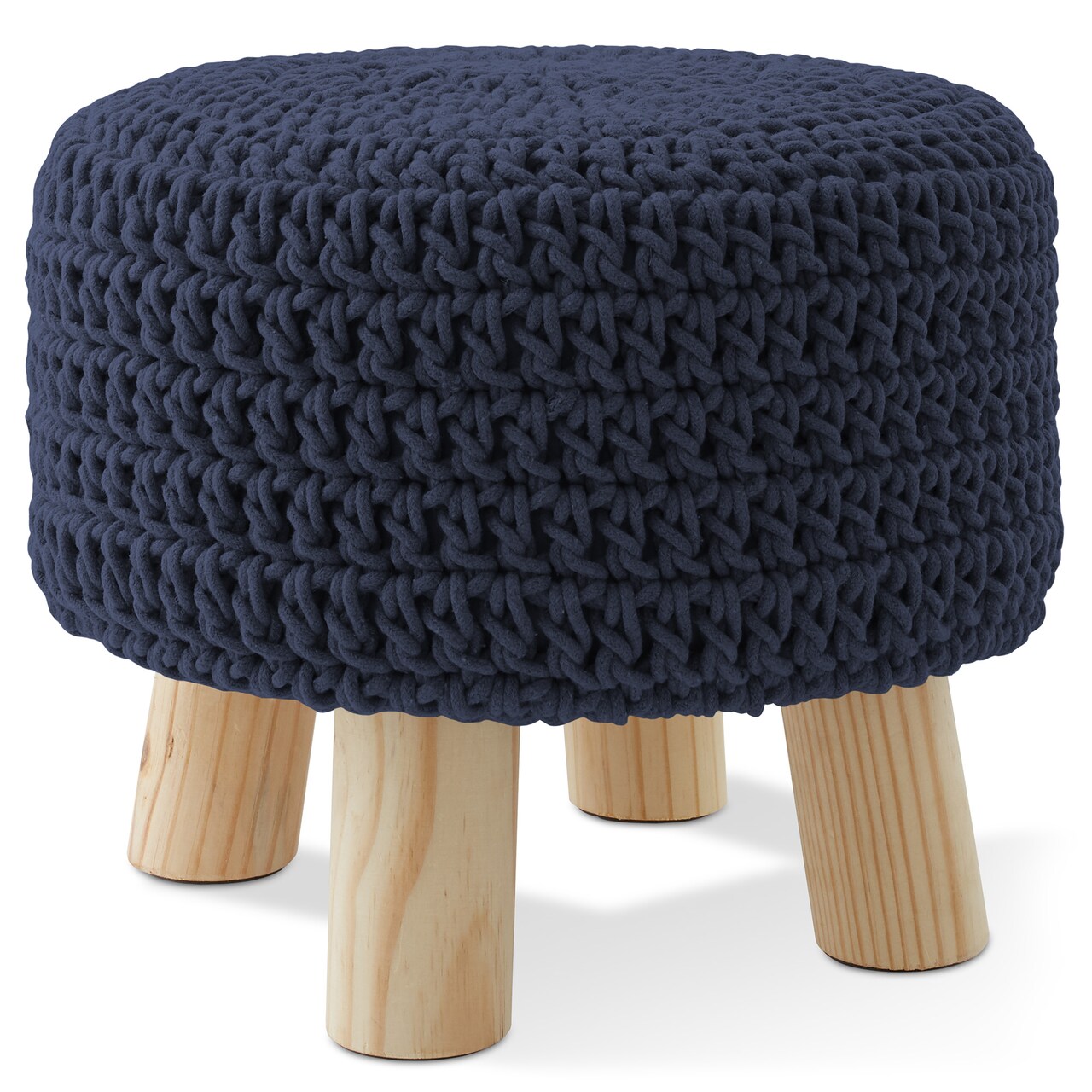 Pouf Ottoman Footstool, 13" Round x 11" High, Hand-Knitted Cotton Footrest, Non-Skid Wood Legs, Boho Foot Stool for Living Room, Bedroom